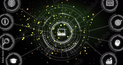 Slika na platnu Displaying centered ringed HUD with laptop icon, connector lines and edge nodes