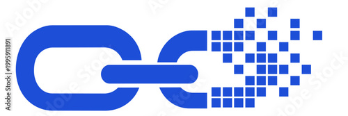Digital chain link dissolving into pixels, blockchain technology concept