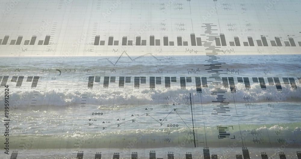 Fototapeta premium Blending seascape and translucent data overlays, creating coastal shoreline with waves and charts