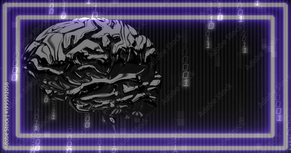 Fototapeta premium Glowing glossy black brain reflecting purple neon in studio with frames, binary streams, copy space