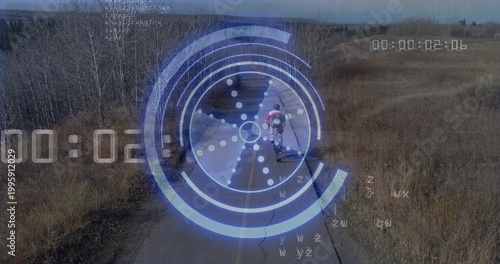 Riding teen cyclist on road bike wearing red-jersey helmet, heading down cracked road with blue HUD