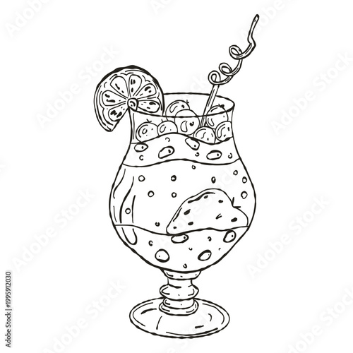 Hand Drawn Hurricane Cocktail Glass Illustration, Tropical Drink Ink Sketch, Bar Menu Art