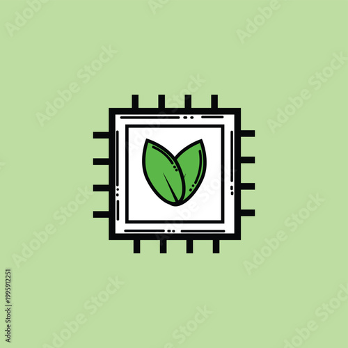 Eco Green Technology Chip Icon Featuring Leaves Inside Microchip Symbolizing Sustainable Innovation