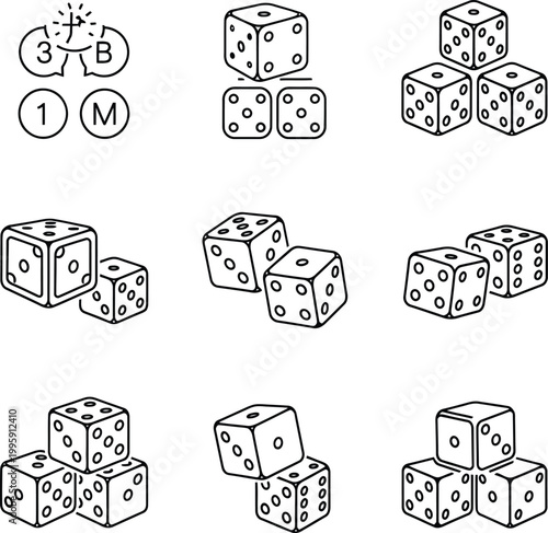 Monochromatic outline dice set for gaming and luck with board game