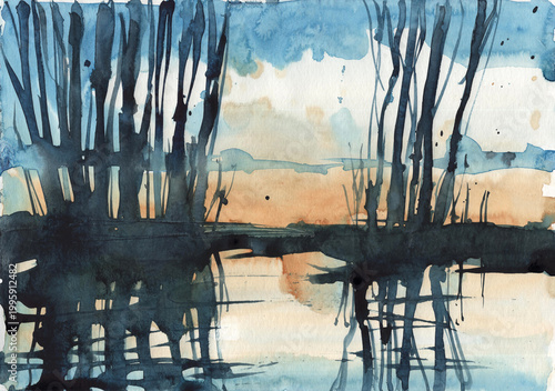 A hand-painted collection of abstract watercolor illustrations featuring serene trees by the water at sunset, created from imagination with expressive brushstrokes on high-quality textured paper.