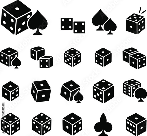 Solid black casino gaming dice and card suits icons set