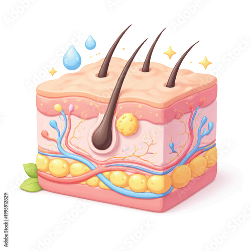 Human Skin Anatomy Cross Section with Hair and Tissue Layers