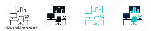 Workstation analytics icons, office desk with computer and charts, workspace productivity and data monitoring concept in line and solid style, vector illustration