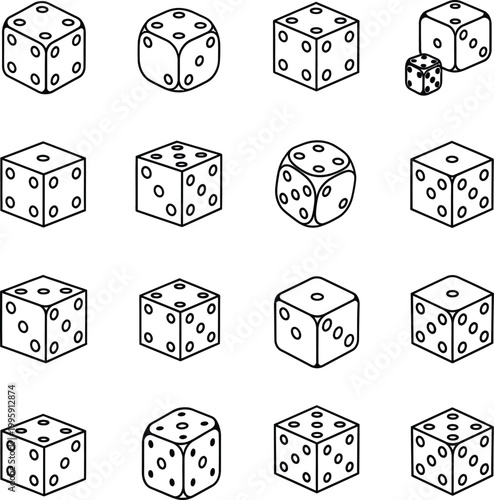 Collection of outline dice vector icons for gaming with board game