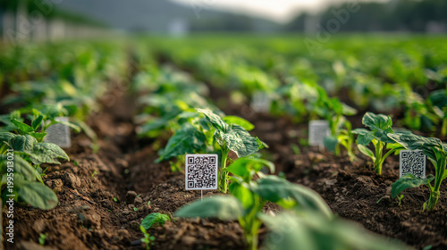 Ai Field of green plants with QR codes on markers and sunlight shining in the background at a farm in the morning