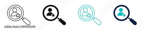 Customer search icons, magnifying glass with user and star, client selection and rating concept in line and solid style, vector illustration