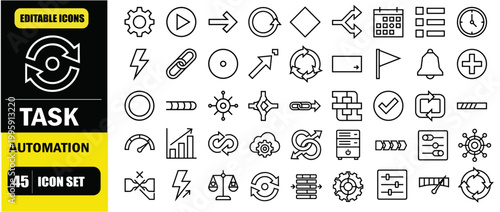 AI Task Automation Engine Icon Set – Productivity Software UI, Intelligent Workflow Automation, Task Scheduling, Process Optimization, Smart Execution System and Digital Productivity Tools Line Icons 