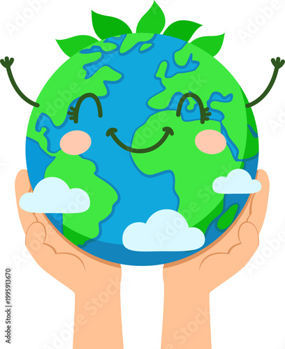 Hands holding a happy planet Earth on a white background. World environment day