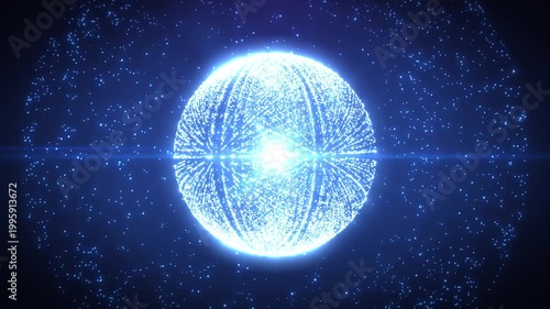Bright blue glowing sphere made of particles in space, abstract digital planet with radiant core, futuristic energy field, depth and cosmic motion background. seamless loop.