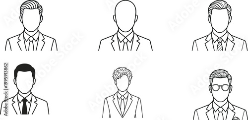Minimalist businessman avatar icons set, professional male character line art, corporate employee profile headshots for web design and resume