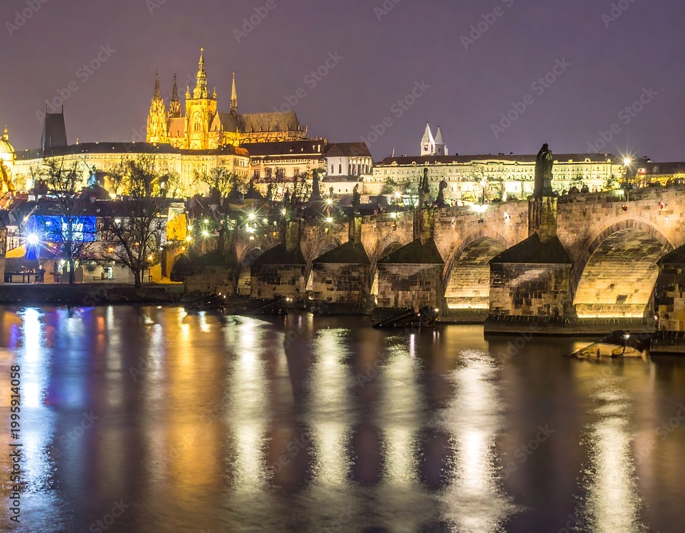 Obraz premium Prague Castle and Charles Bridge at night