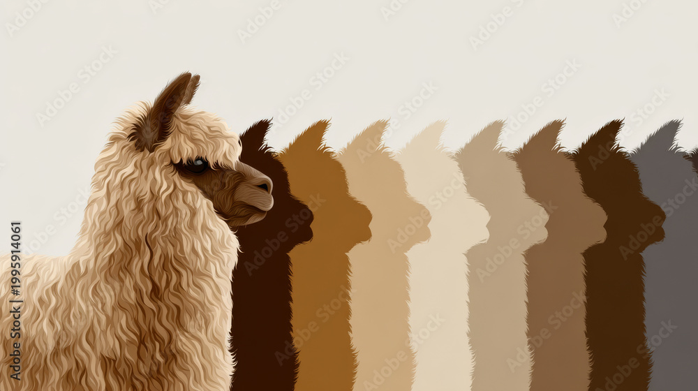 Fototapeta premium A fluffy beige alpaca stands in profile alongside a repeating sequence of alpaca silhouettes in various earthy tones, creating a minimalist and rhythmic pattern against a neutral background.