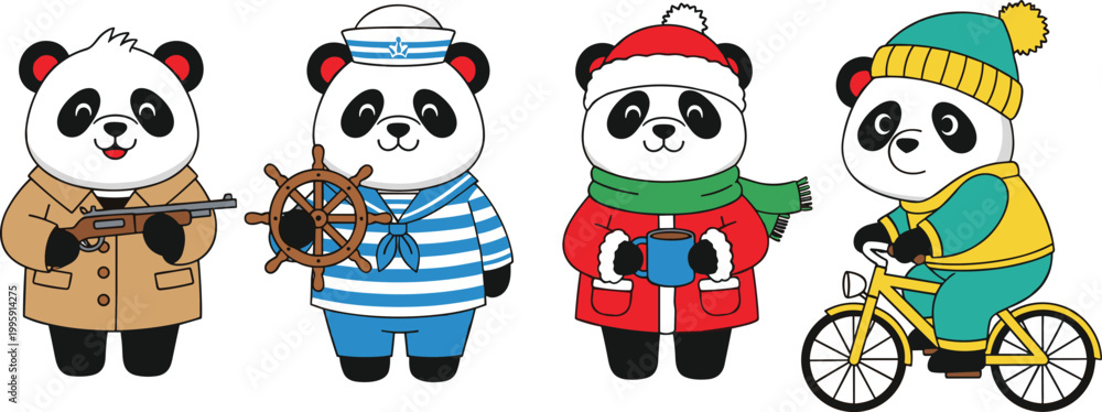 Fototapeta premium Adorable Panda Characters Set in Various Outfits Including Sailor, Winter Wear, and Cycling Gear