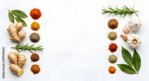 Assortment of fresh and dried spices, herbs, and roots arranged on a white background