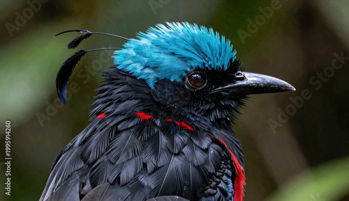 Black and Blue Exotic Bird with Red Chest Feathers