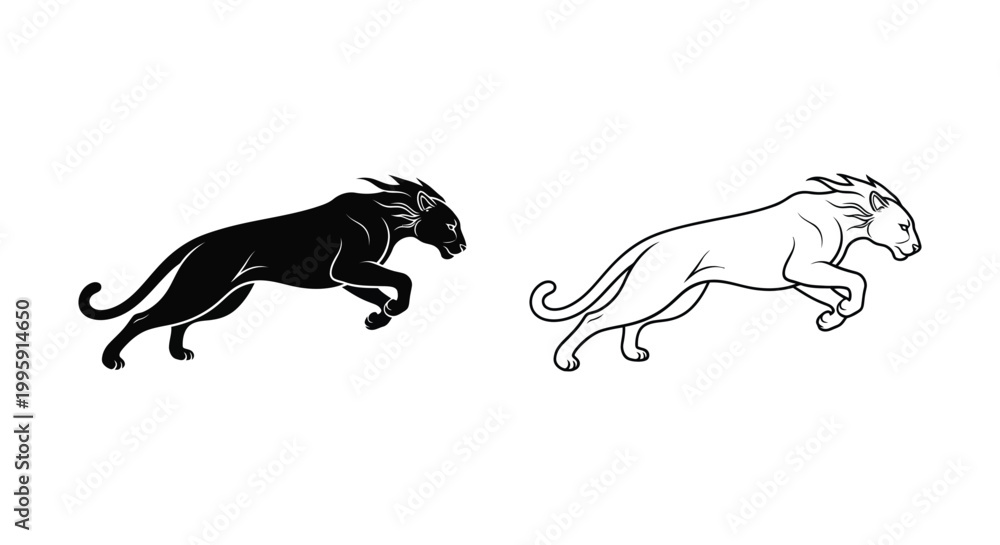 Fototapeta premium Black Panther vs Lion: Iconic Big Cat Designs Vector