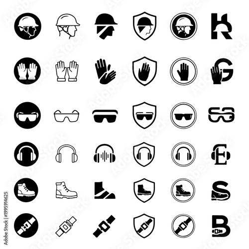 Minimalist Workplace Safety Icons Set – Helmet, Gloves, Glasses, Ear Protection, Safety Shoes, Seat Belt – Modern Vector Logo Grid