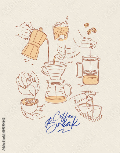 Coffee break poster with illustrated french press, cappuccino, espresso, americano, ice latte, beans, drip hot drink silhouettes drawing in graphic art style on beige background