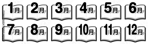 本型の月別アイコンセット（1月〜12月）シンプルモノクロデザイン