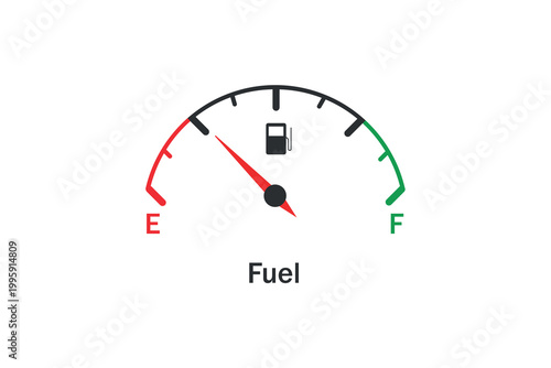 Fuel gauge showing empty to full range with red and green indicators.