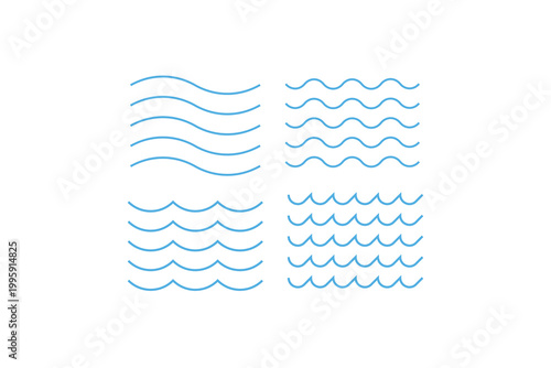 Set of blue wave line patterns on white background.