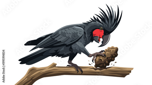 Palm Cockatoo Using Tool on Wood Illustration