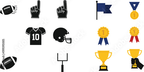American football sport icon set featuring helmet, jersey, ball, foam finger, goalpost, trophies, medals, and fan symbols for game and competition themes