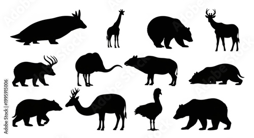 Collection of Diverse Animal Silhouettes on White Background.