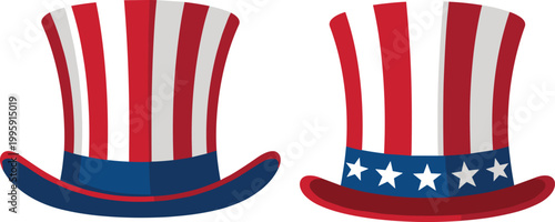 American patriotic top hat vector illustration with red and white stripes, blue band with stars, festive USA independence day costume design