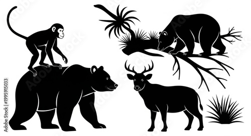 Silhouette Animals Monkey Bear Deer Jungle Plants.