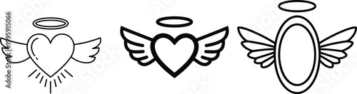 Angel wing and halo icon set featuring heart and oval frame symbols for spiritual, memorial, tattoo, and celestial love design concepts