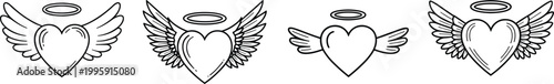 Angel wing heart outline icon set featuring halo, love symbol, and spiritual wings for tattoo, memorial, romance, and celestial design concepts