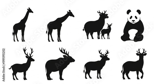 Collection of Animal Silhouettes Including Giraffes Deer and Panda.