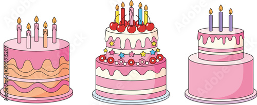 Birthday cake collection icon set featuring decorated layered cakes with candles, frosting, and toppings for celebration, party, and festive dessert concepts