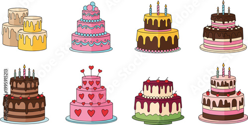 Birthday cake collection icon set featuring layered cakes with candles, chocolate, cream, and heart decorations for party celebration and festive dessert concepts