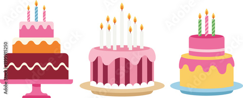 Birthday cake icon set featuring colorful layered cakes with candles for celebration, party, anniversary, and festive dessert concepts in flat design