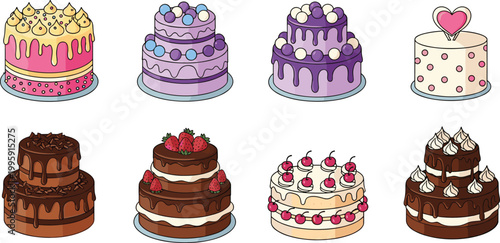 Birthday cake icon set featuring chocolate, cream, fruit, and decorated layered cakes with candles for celebration, party, and festive dessert concepts