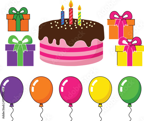 Birthday celebration icon set featuring cake with candles, colorful gift boxes, and balloons for party, anniversary, and festive event decoration concepts