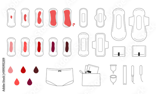 生理用品の線画セット（ナプキン・タンポン・月経カップ）