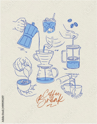 Coffee break poster with illustrated french press, cappuccino, espresso, americano, ice latte, beans, drip hot drink silhouettes drawing in graphic art style with blue on beige background