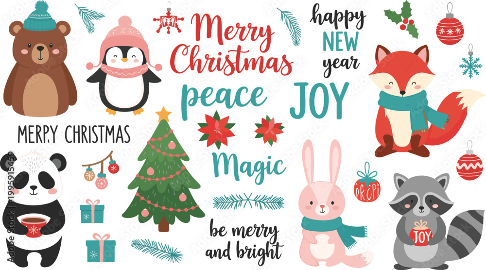Fototapeta premium Christmas Holiday Character Set with Bear, Penguin, Rabbit, Fox, Raccoon, Panda, Christmas Tree, and Festive Text Elements