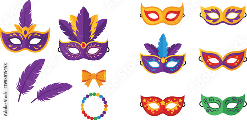 Carnival masquerade mask icon set featuring colorful feather masks, decorative party masks, bow tie, and beads for festive celebration and costume themes