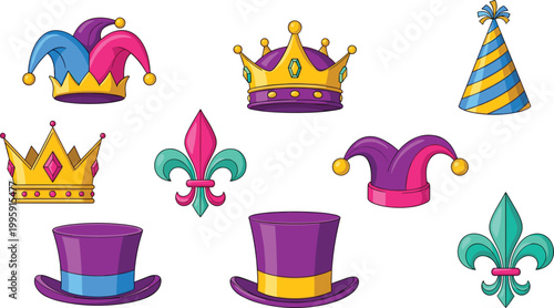 Carnival and royal costume icon set featuring crowns, jester hats, party hat, top hats, and fleur de lis symbols for festive celebration themes