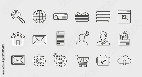 Collection of hand-drawn icons representing technology and business concepts.