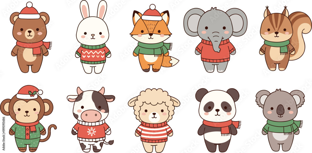 Obraz premium Christmas Animal Characters Set with Bear, Rabbit, Fox, Elephant, Monkey, Panda, Koala, and More in Holiday Sweaters and Hats